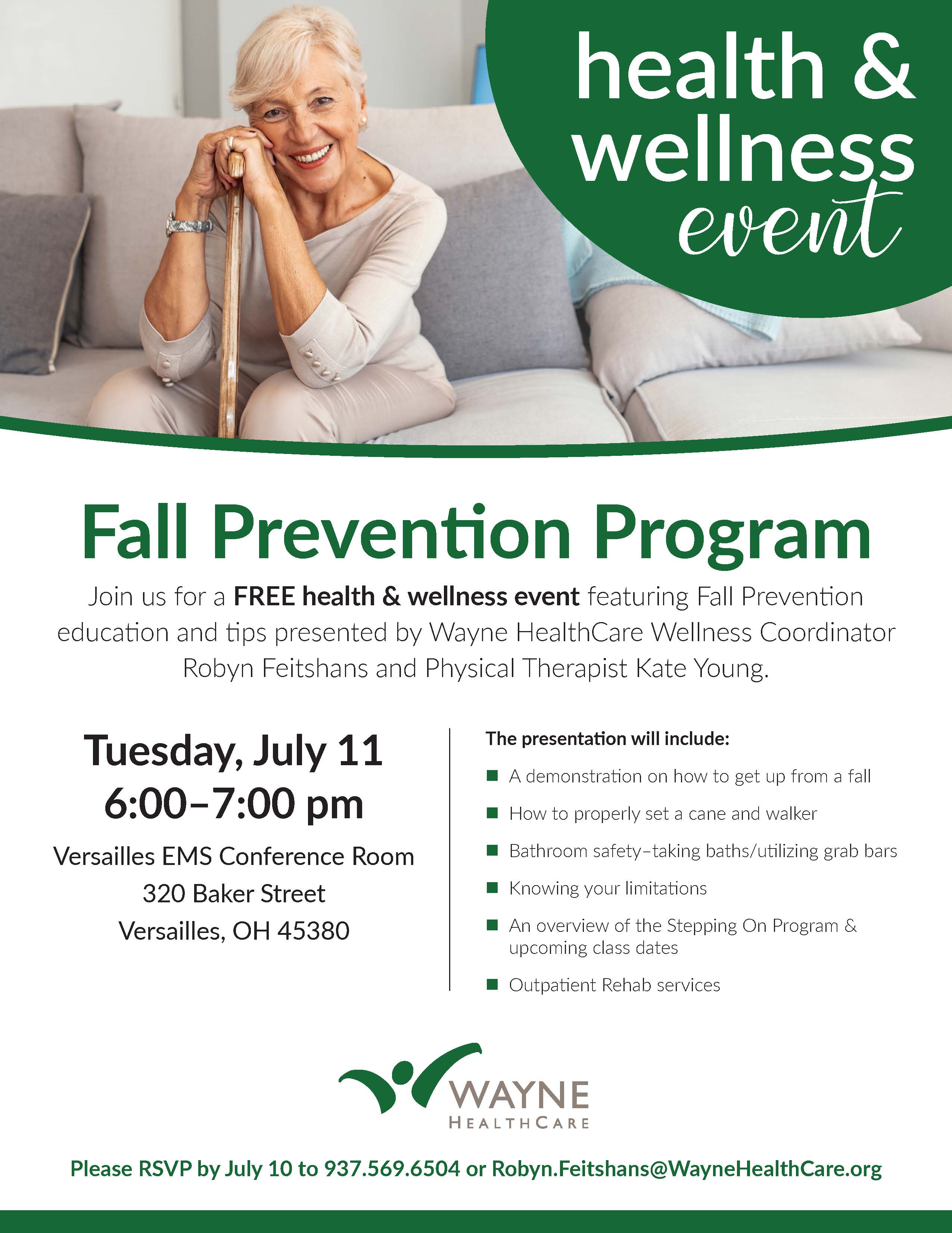 Woman sitting on a couch leaning on a cane and information about Health & Welness event at Versailles EMS